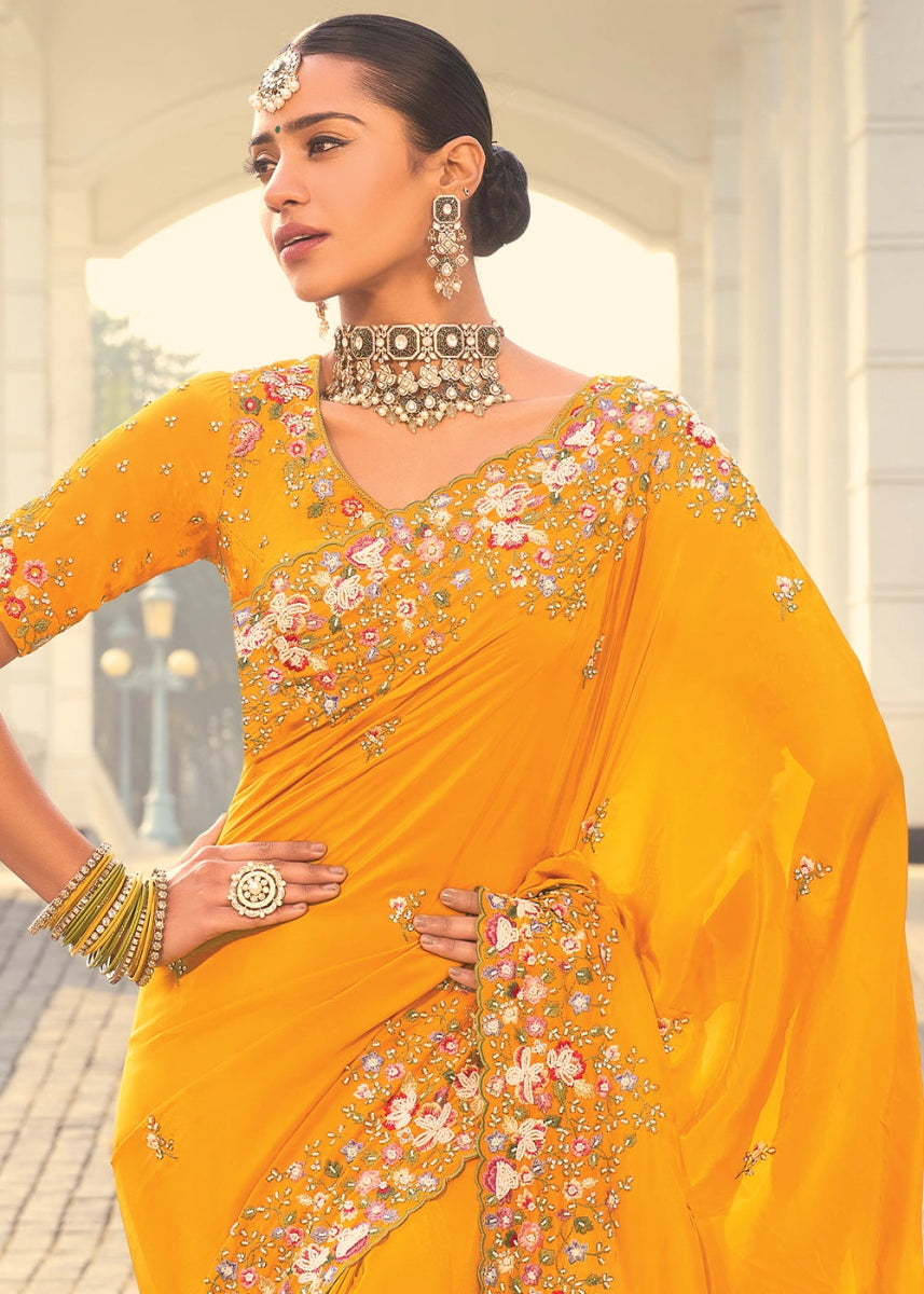 Mustard Yellow Crepe Silk Saree with Intricate Moti, Zarkan & Thread Embroidery - House of Sarvati LLC
