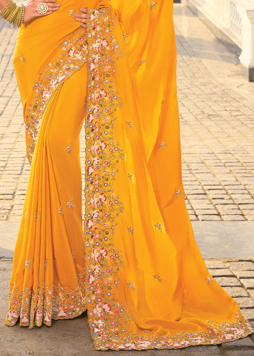 Mustard Yellow Crepe Silk Saree with Intricate Moti, Zarkan & Thread Embroidery - House of Sarvati LLC