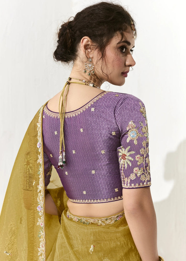 Mustard Yellow Designer Tissue Organza Saree With All - Over Buttas And Hand Embroidered Blouse - House of Sarvati LLC