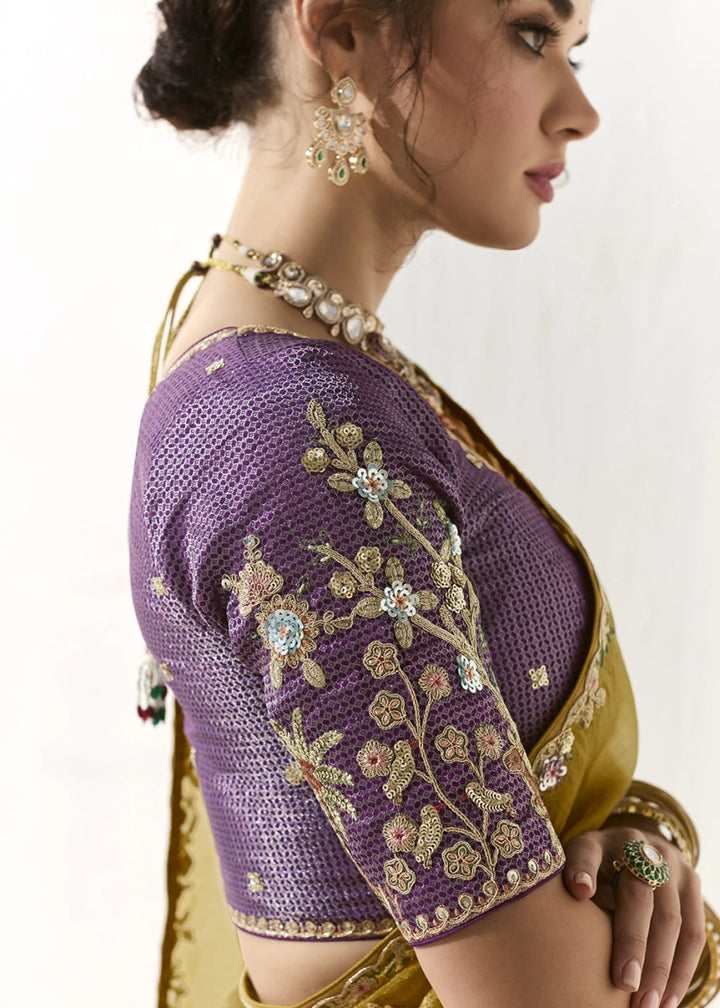 Mustard Yellow Designer Tissue Organza Saree With All - Over Buttas And Hand Embroidered Blouse - House of Sarvati LLC