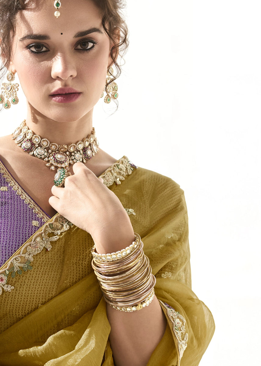 Mustard Yellow Designer Tissue Organza Saree With All - Over Buttas And Hand Embroidered Blouse - House of Sarvati LLC