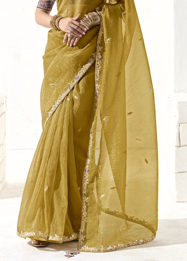 Mustard Yellow Designer Tissue Organza Saree With All - Over Buttas And Hand Embroidered Blouse - House of Sarvati LLC