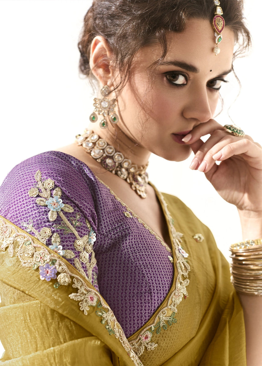 Mustard Yellow Designer Tissue Organza Saree With All - Over Buttas And Hand Embroidered Blouse - House of Sarvati LLC