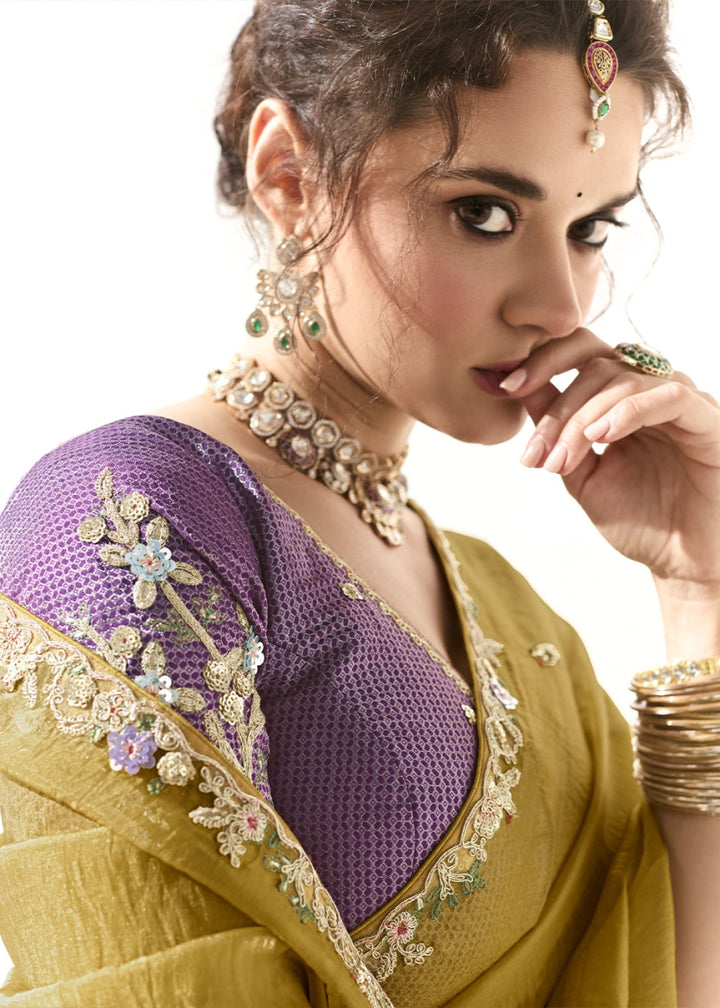 Mustard Yellow Designer Tissue Organza Saree With All - Over Buttas And Hand Embroidered Blouse - House of Sarvati LLC