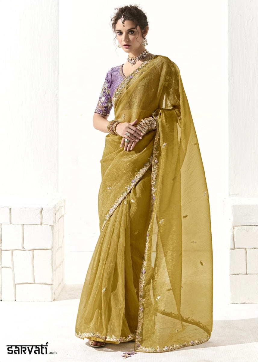 Mustard Yellow Designer Tissue Organza Saree With All - Over Buttas And Hand Embroidered Blouse - House of Sarvati LLC