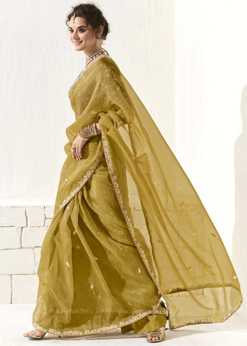 Mustard Yellow Designer Tissue Organza Saree With All - Over Buttas And Hand Embroidered Blouse - House of Sarvati LLC
