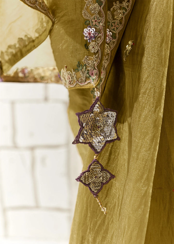 Mustard Yellow Designer Tissue Organza Saree With All - Over Buttas And Hand Embroidered Blouse - House of Sarvati LLC