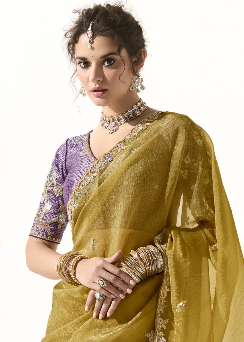 Mustard Yellow Designer Tissue Organza Saree With All - Over Buttas And Hand Embroidered Blouse - House of Sarvati LLC