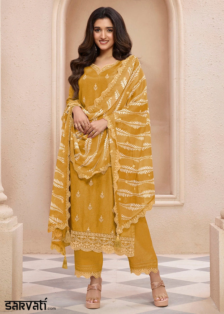Mustard Yellow Dola Silk Sharara Suit with Threadwork Detailing - House of Sarvati LLC
