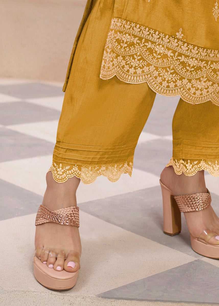 Mustard Yellow Dola Silk Sharara Suit with Threadwork Detailing - House of Sarvati LLC