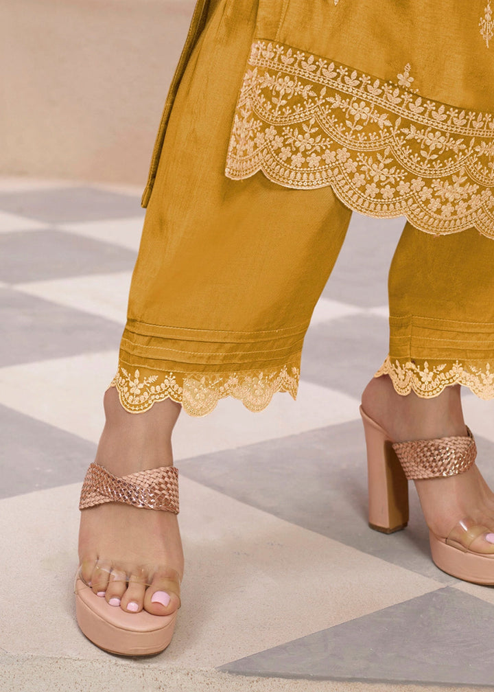 Mustard Yellow Dola Silk Sharara Suit with Threadwork Detailing - House of Sarvati LLC