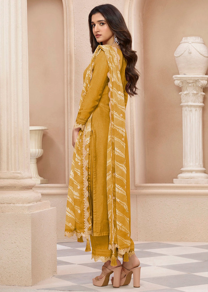 Mustard Yellow Dola Silk Sharara Suit with Threadwork Detailing - House of Sarvati LLC