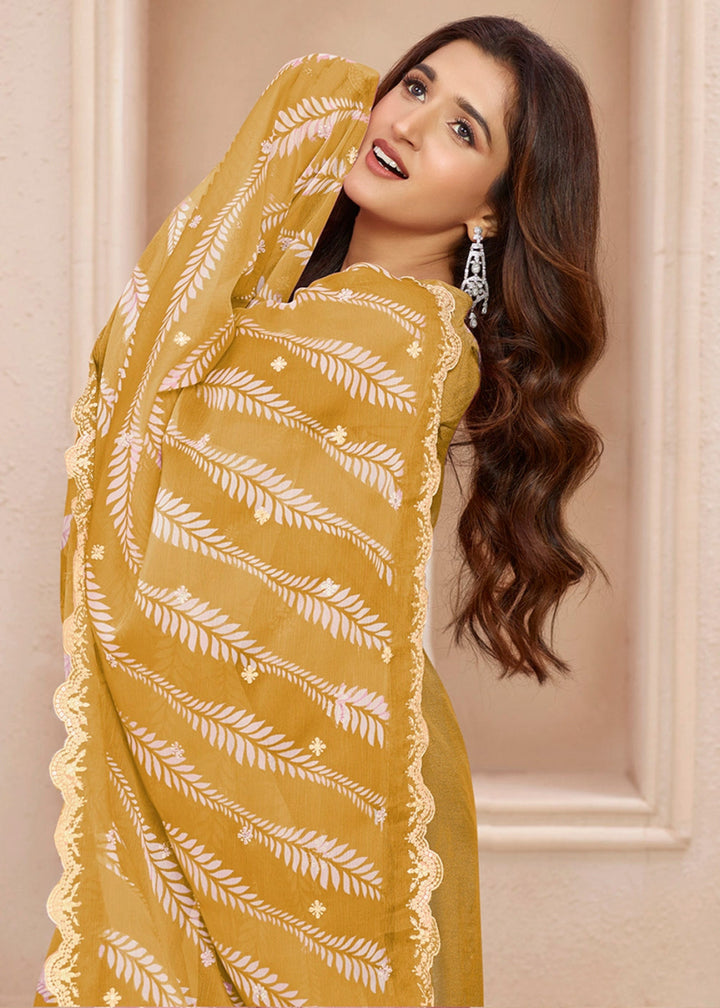 Mustard Yellow Dola Silk Sharara Suit with Threadwork Detailing - House of Sarvati LLC