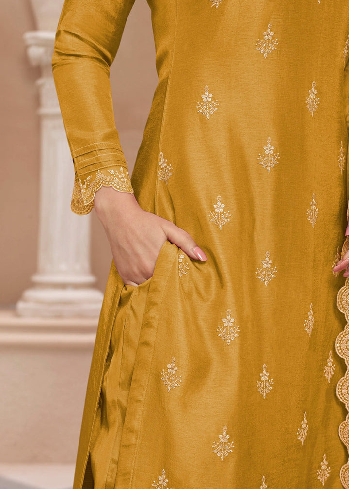 Mustard Yellow Dola Silk Sharara Suit with Threadwork Detailing - House of Sarvati LLC