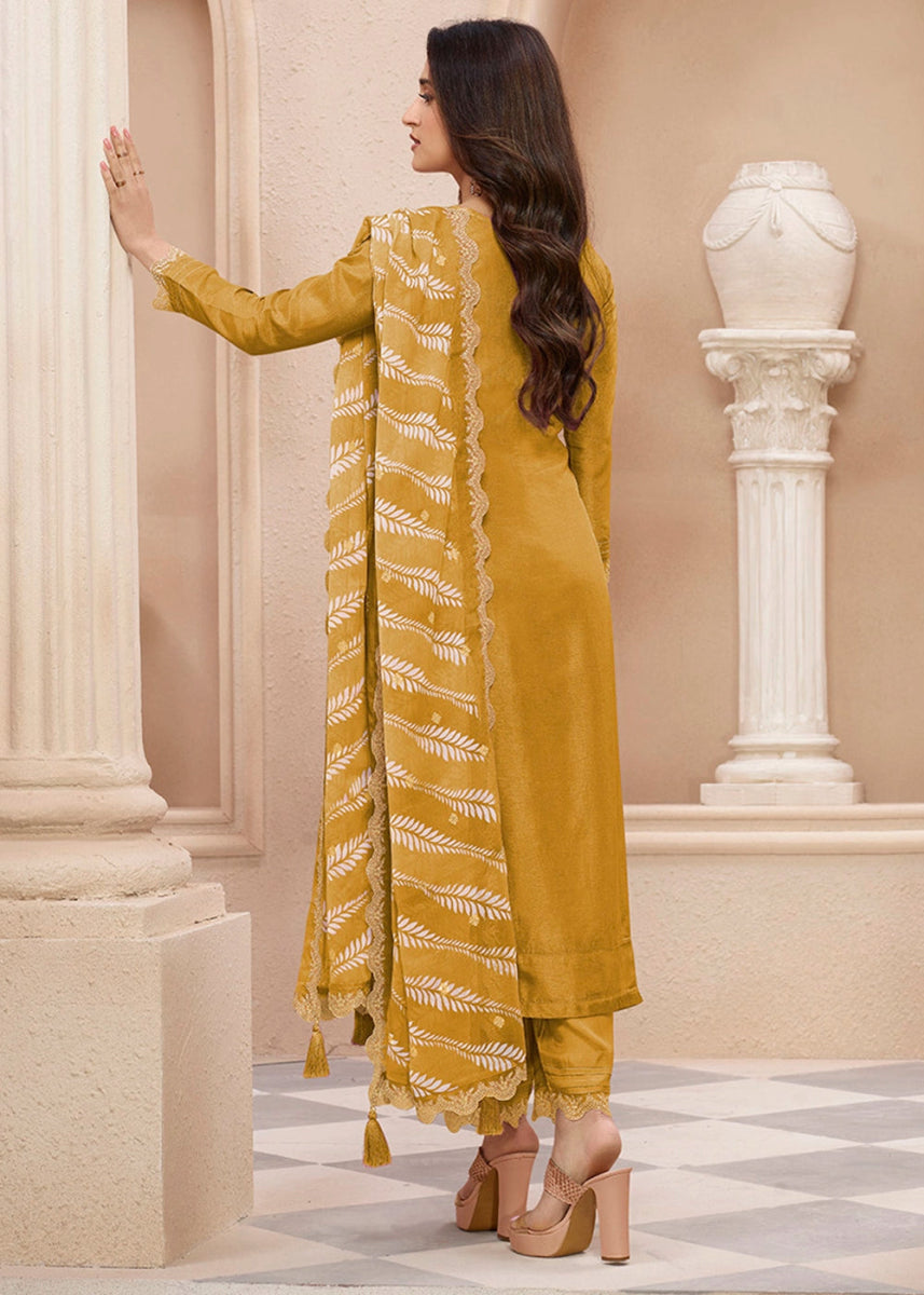 Mustard Yellow Dola Silk Sharara Suit with Threadwork Detailing - House of Sarvati LLC