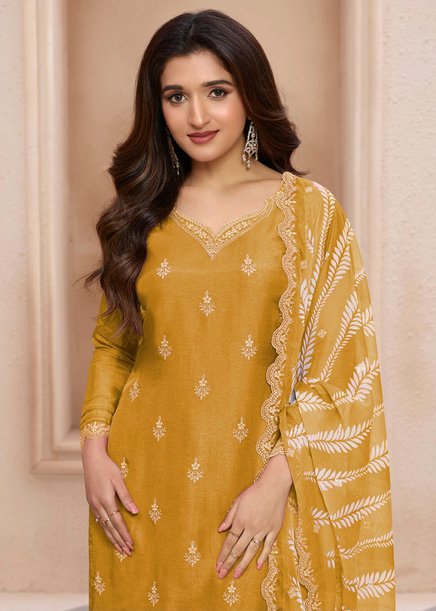 Mustard Yellow Dola Silk Sharara Suit with Threadwork Detailing - House of Sarvati LLC