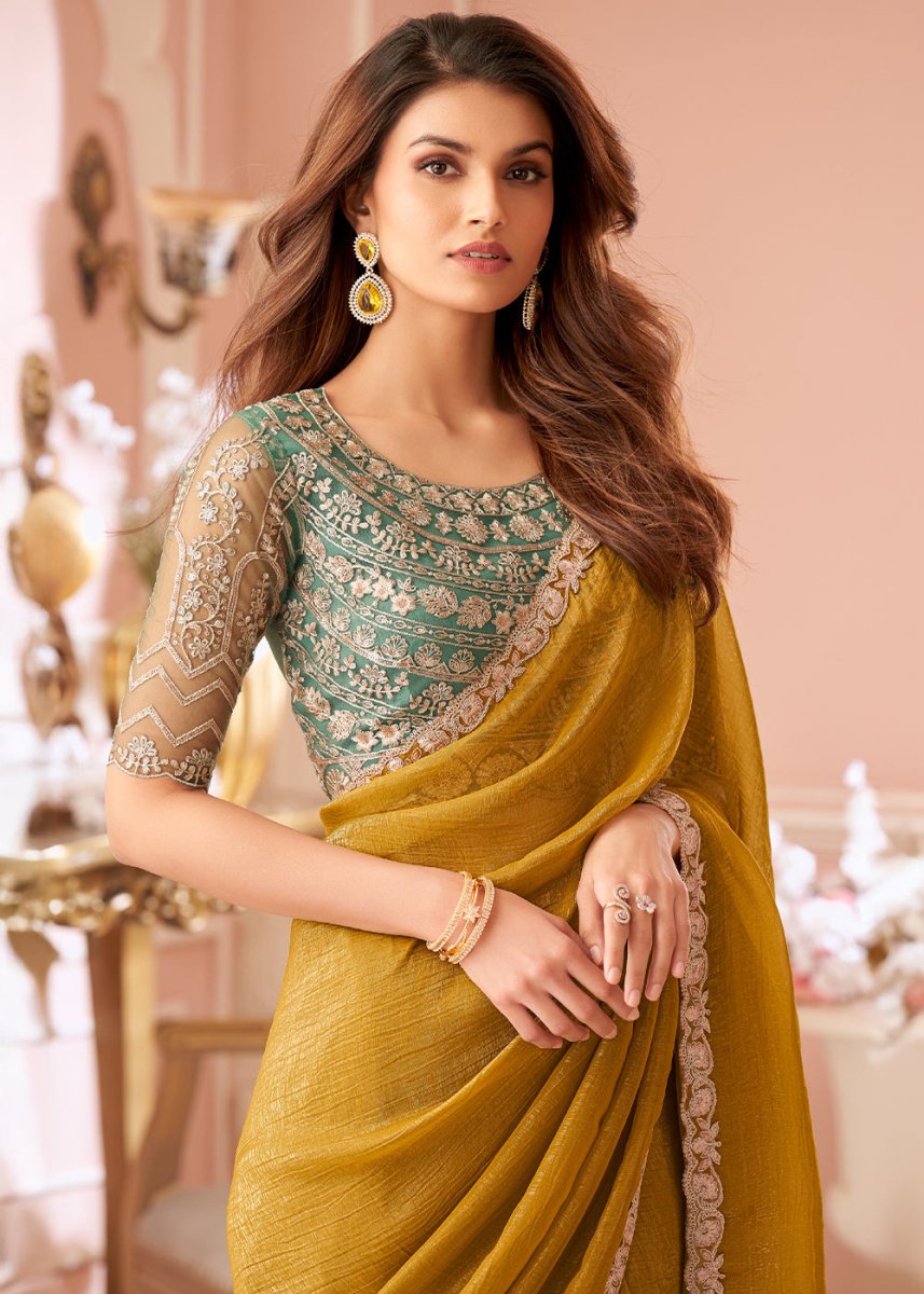Mustard Yellow Embellished Georgette Saree with Designer Blouse - House of Sarvati LLC
