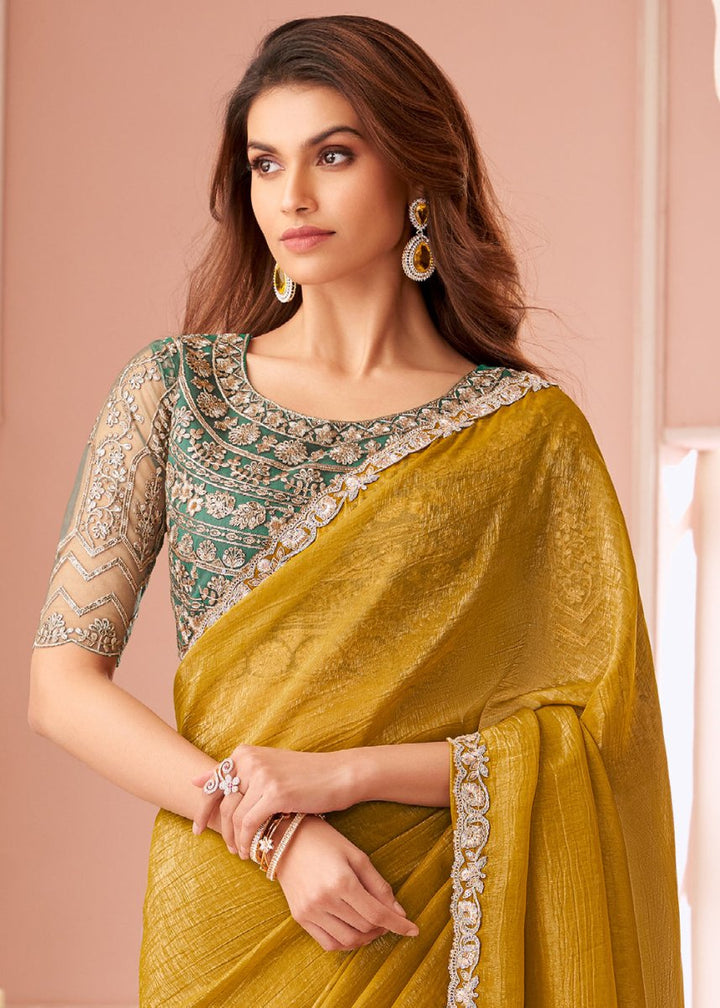 Mustard Yellow Embellished Georgette Saree with Designer Blouse - House of Sarvati LLC