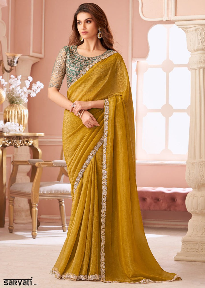 Mustard Yellow Embellished Georgette Saree with Designer Blouse - House of Sarvati LLC
