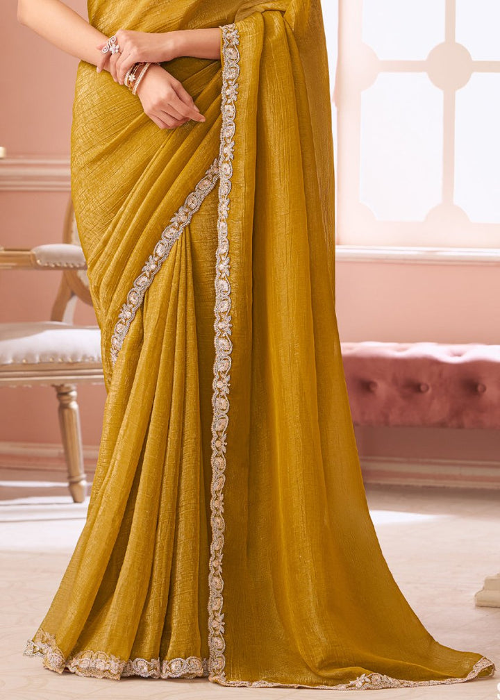 Mustard Yellow Embellished Georgette Saree with Designer Blouse - House of Sarvati LLC