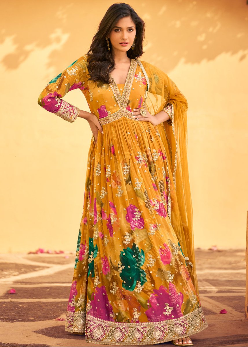 Mustard Yellow Embroidered Chinon Silk Anarkali with Floral Design - House of Sarvati LLC