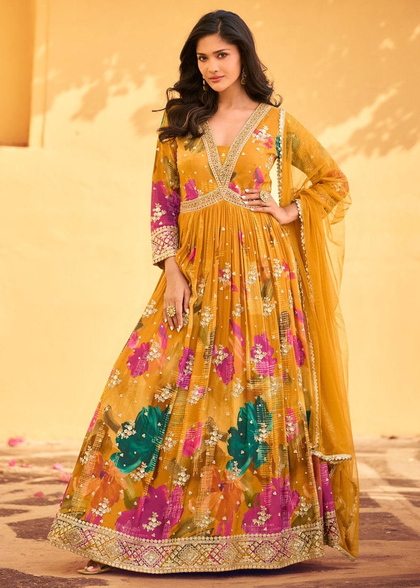 Mustard Yellow Embroidered Chinon Silk Anarkali with Floral Design - House of Sarvati LLC