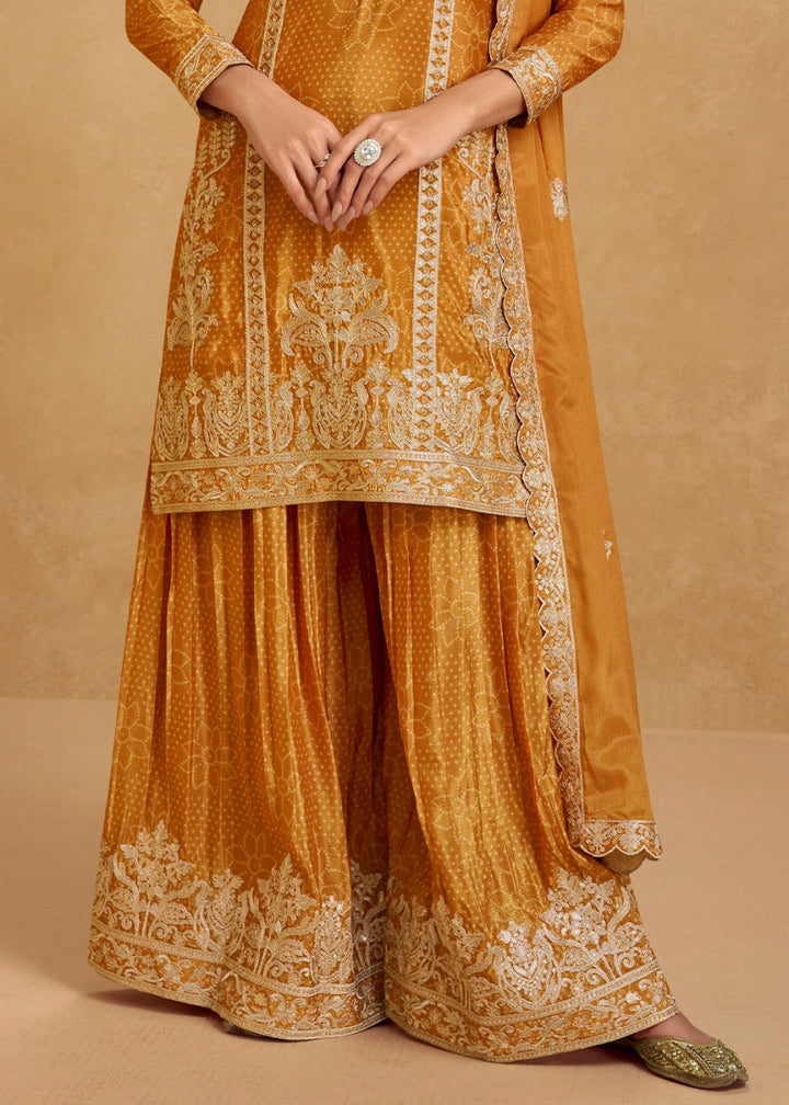 Mustard Yellow Embroidered Chinon Silk Palazzo Suit with Bandhani Print - House of Sarvati LLC