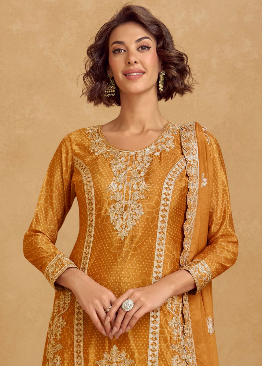 Mustard Yellow Embroidered Chinon Silk Palazzo Suit with Bandhani Print - House of Sarvati LLC