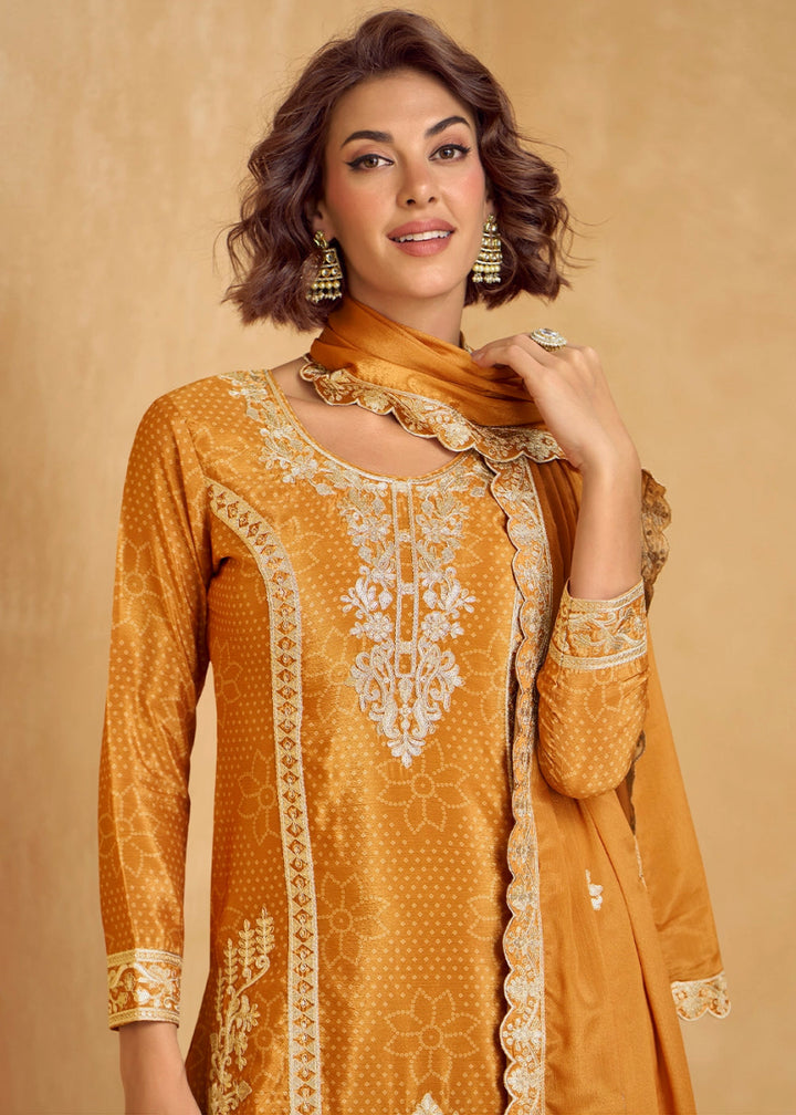 Mustard Yellow Embroidered Chinon Silk Palazzo Suit with Bandhani Print - House of Sarvati LLC