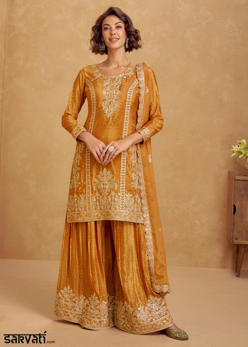 Mustard Yellow Embroidered Chinon Silk Palazzo Suit with Bandhani Print - House of Sarvati LLC