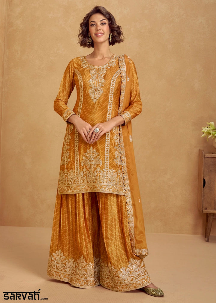 Mustard Yellow Embroidered Chinon Silk Palazzo Suit with Bandhani Print - House of Sarvati LLC
