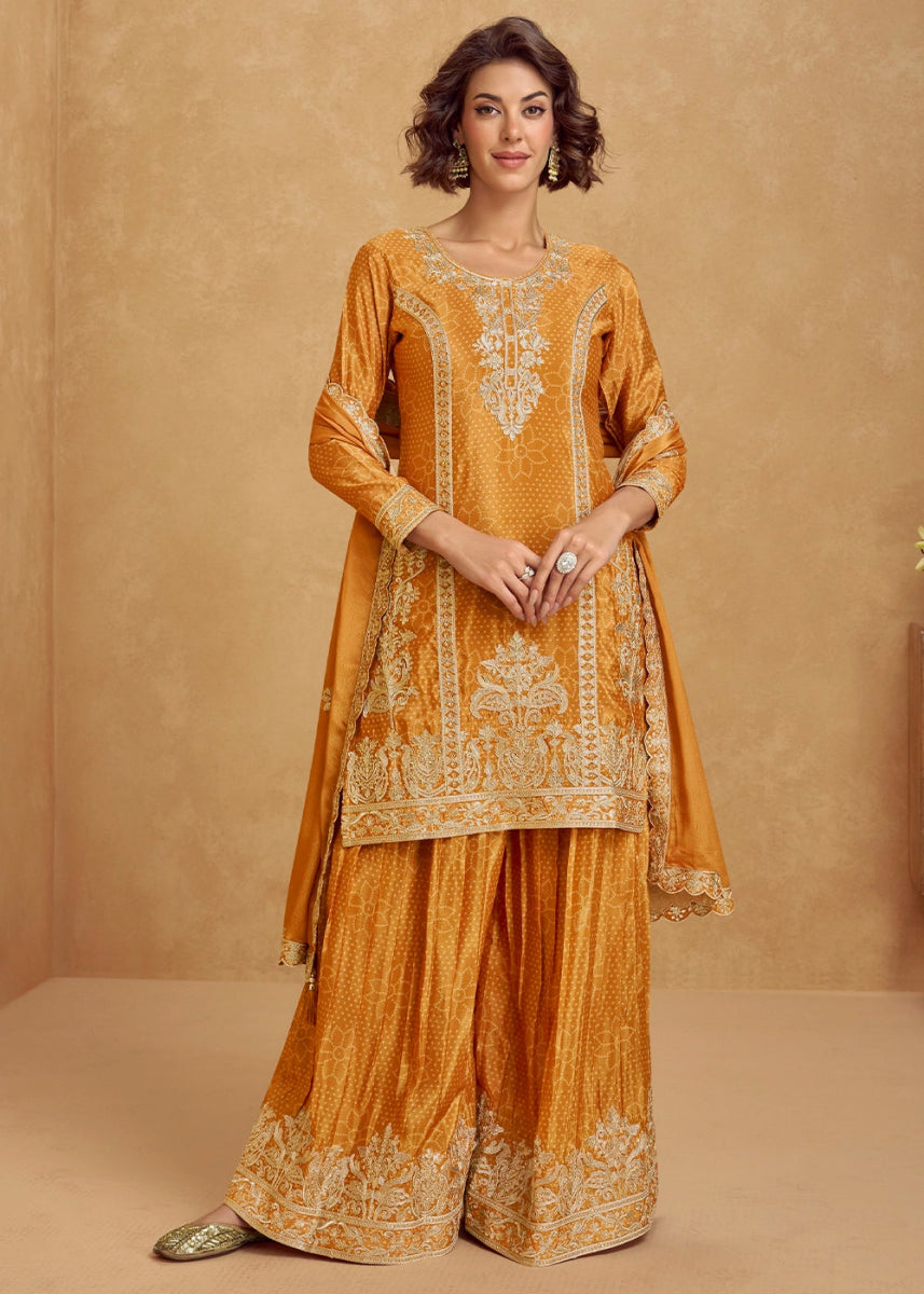 Mustard Yellow Embroidered Chinon Silk Palazzo Suit with Bandhani Print - House of Sarvati LLC