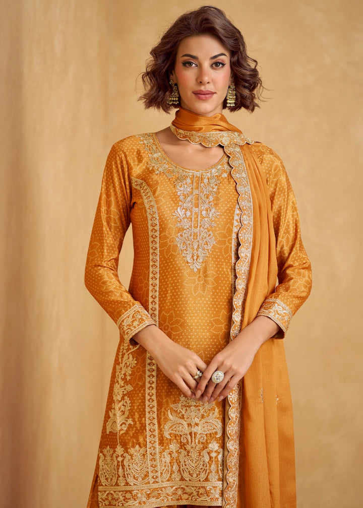 Mustard Yellow Embroidered Chinon Silk Palazzo Suit with Bandhani Print - House of Sarvati LLC