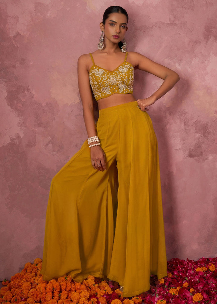 Mustard Yellow Georgette Sharara Set with Organza Cape & Embroidery - House of Sarvati LLC