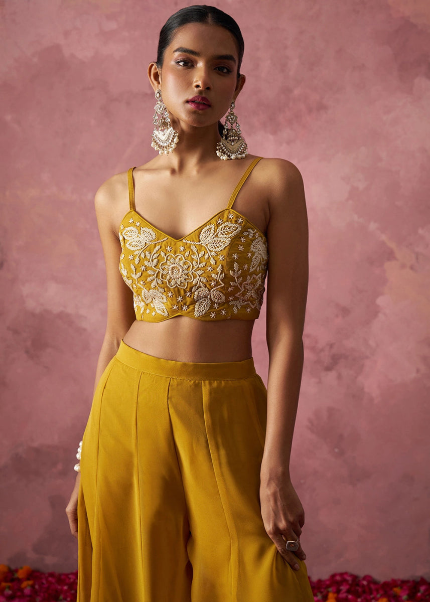 Mustard Yellow Georgette Sharara Set with Organza Cape & Embroidery - House of Sarvati LLC