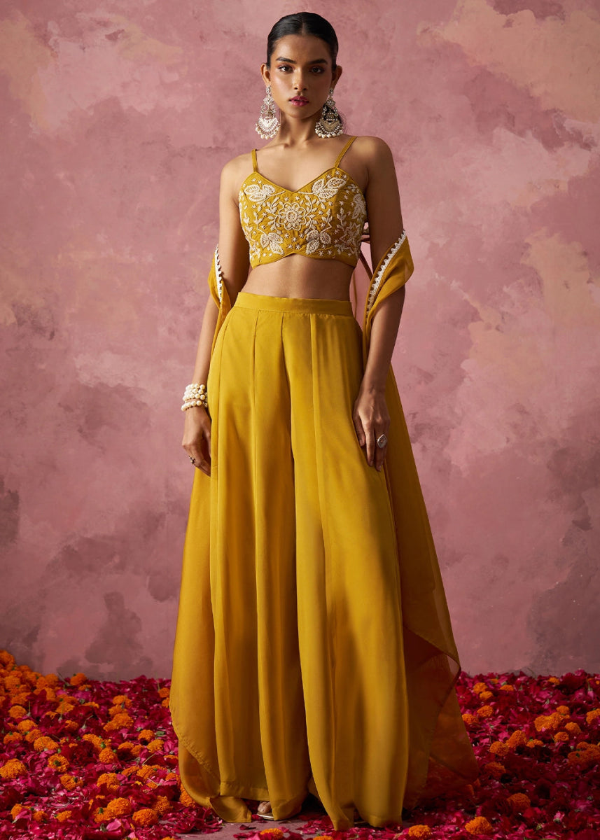 Mustard Yellow Georgette Sharara Set with Organza Cape & Embroidery - House of Sarvati LLC