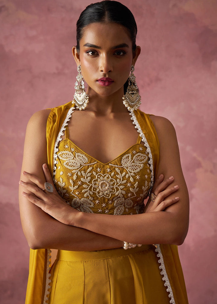 Mustard Yellow Georgette Sharara Set with Organza Cape & Embroidery - House of Sarvati LLC