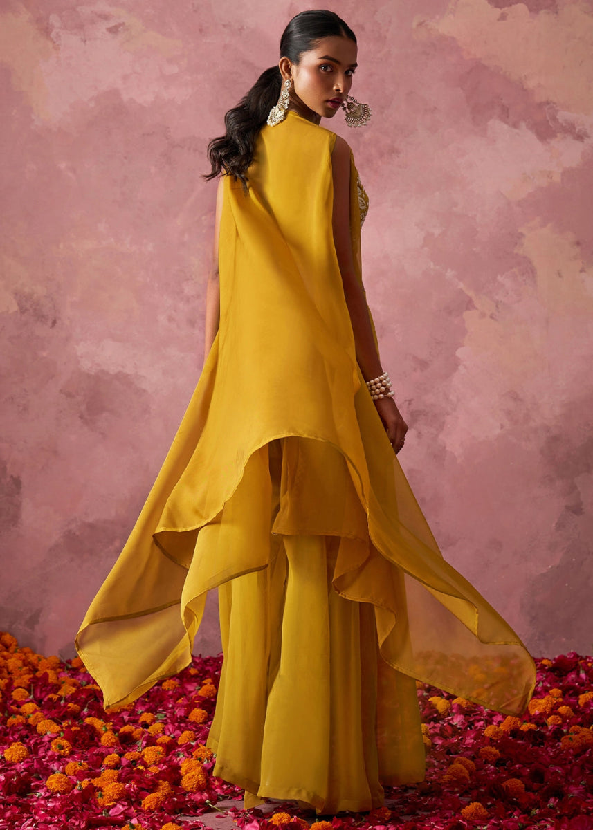 Mustard Yellow Georgette Sharara Set with Organza Cape & Embroidery - House of Sarvati LLC