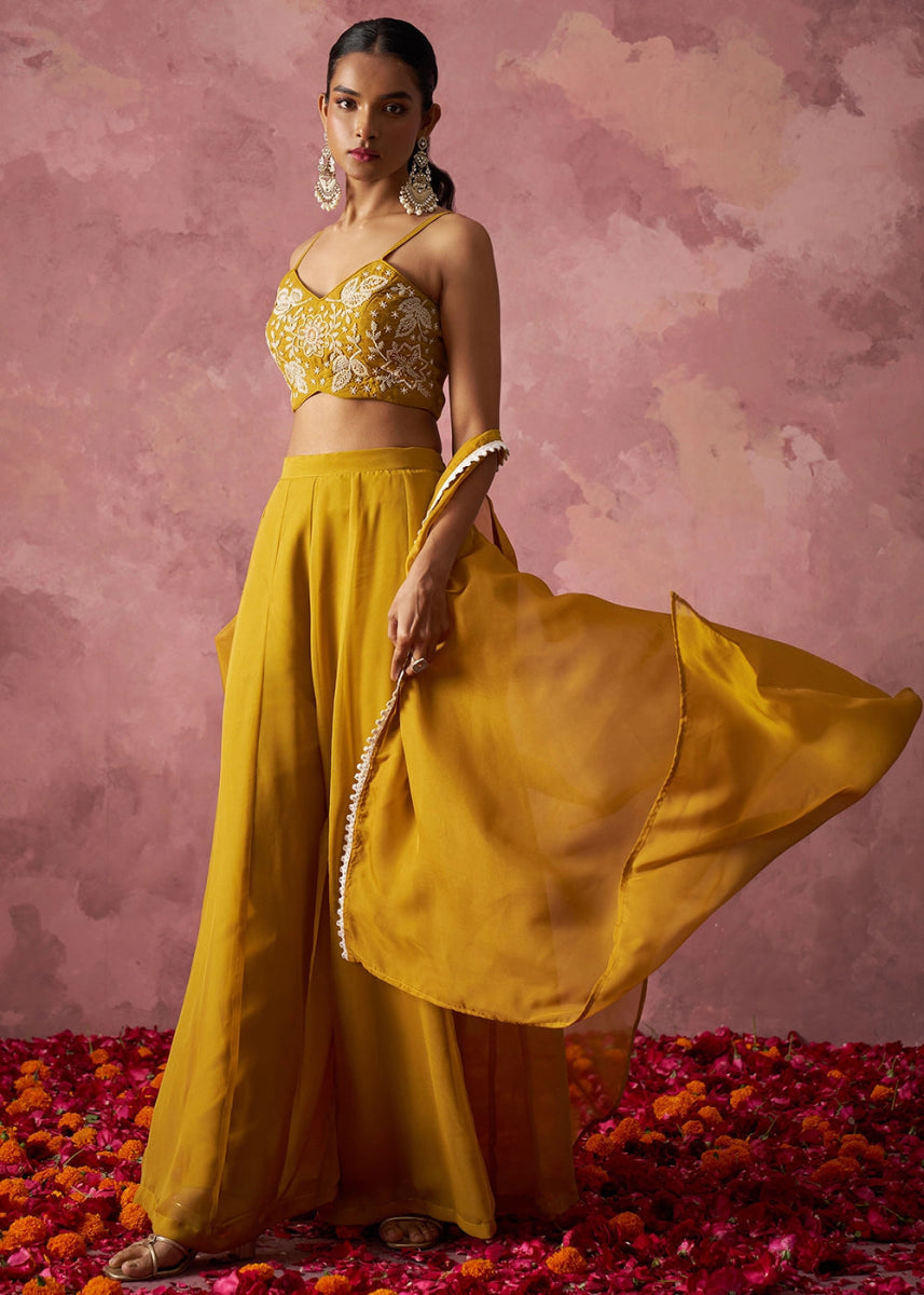 Mustard Yellow Georgette Sharara Set with Organza Cape & Embroidery - House of Sarvati LLC