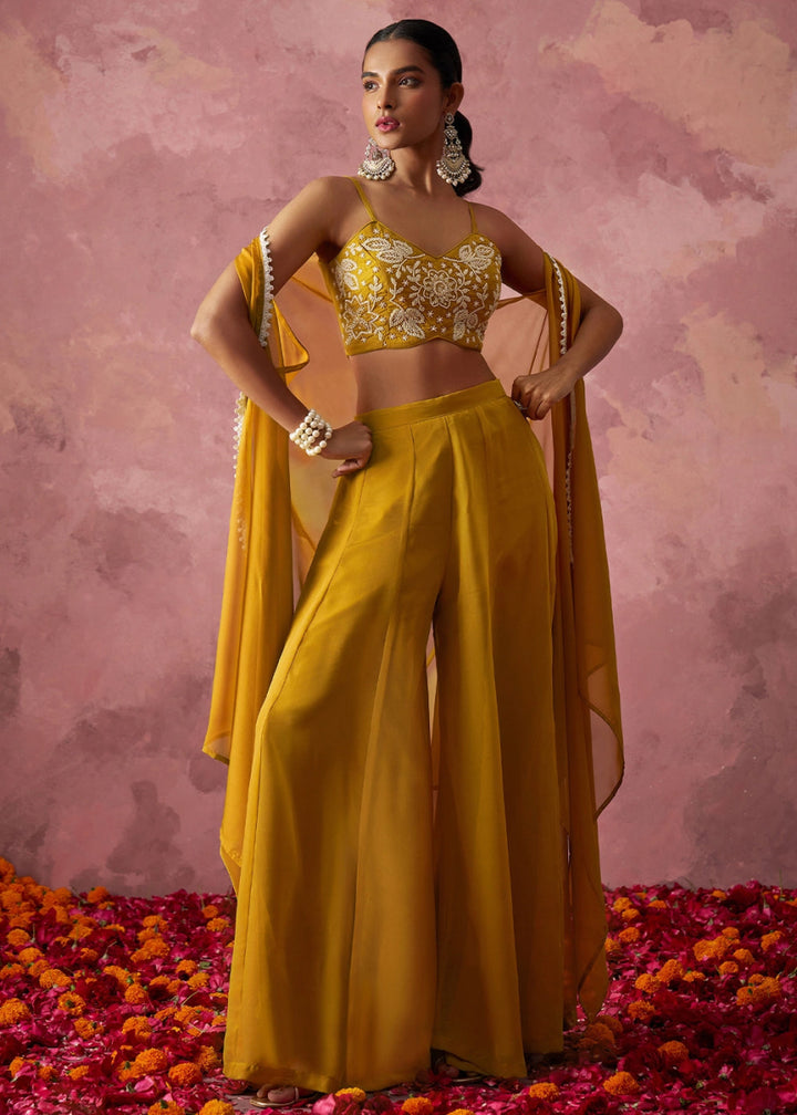 Mustard Yellow Georgette Sharara Set with Organza Cape & Embroidery - House of Sarvati LLC