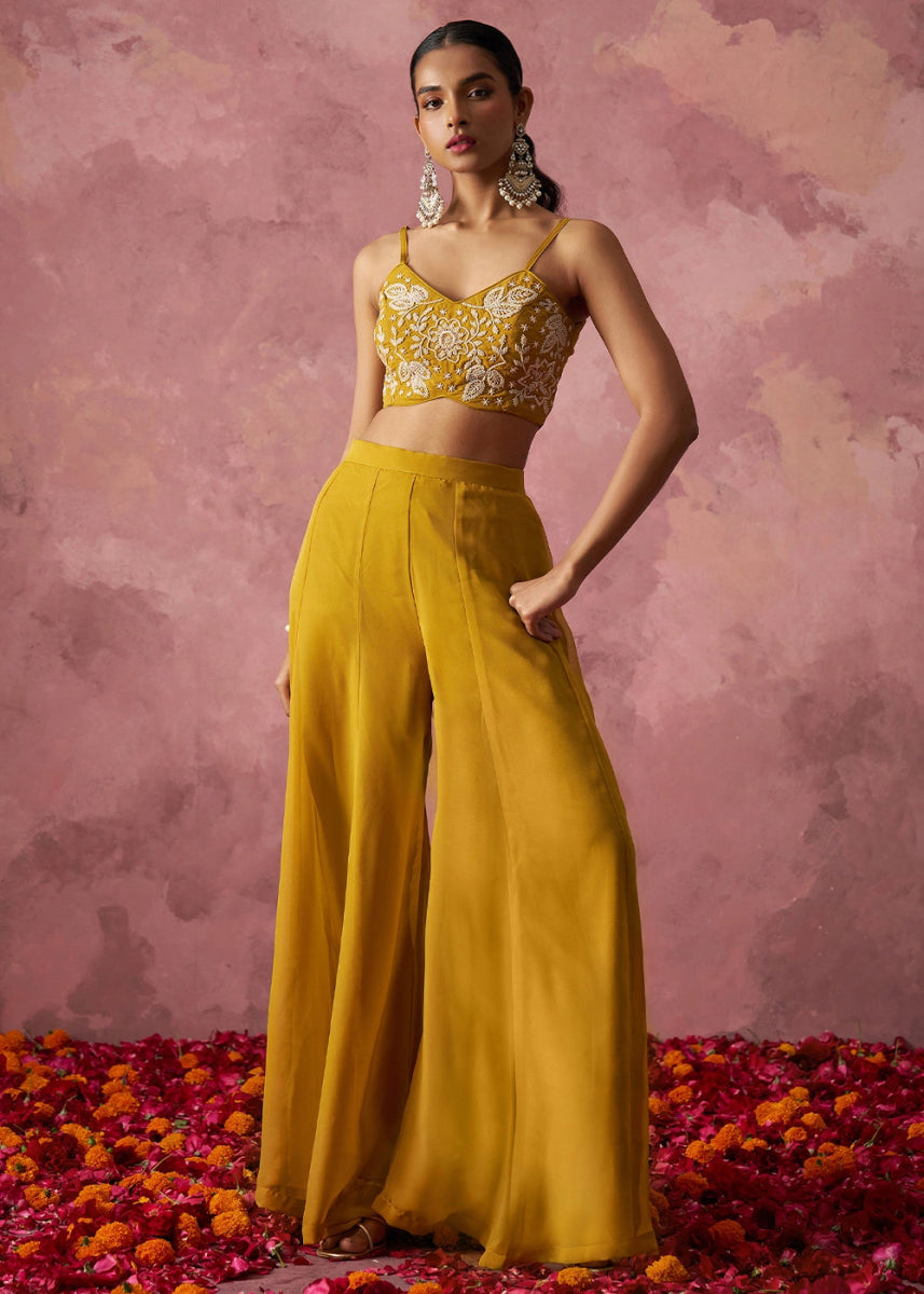 Mustard Yellow Georgette Sharara Set with Organza Cape & Embroidery - House of Sarvati LLC