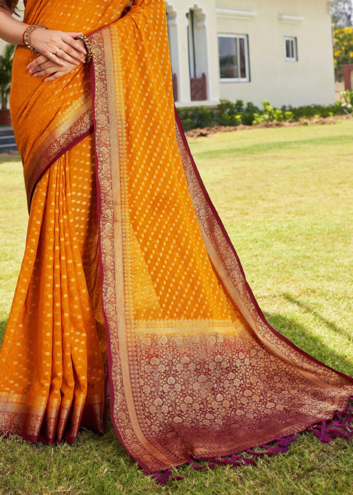Mustard Yellow Georgette Silk Saree with Ornate Zari Border & Pallu - House of Sarvati LLC