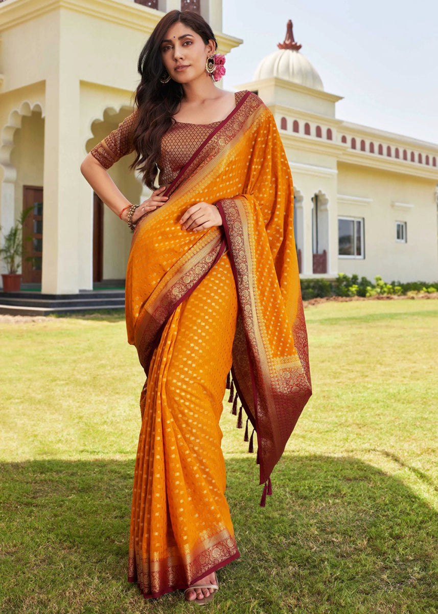 Mustard Yellow Georgette Silk Saree with Ornate Zari Border & Pallu - House of Sarvati LLC