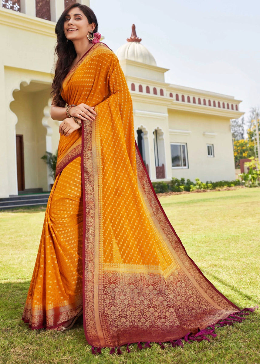 Mustard Yellow Georgette Silk Saree with Ornate Zari Border & Pallu - House of Sarvati LLC