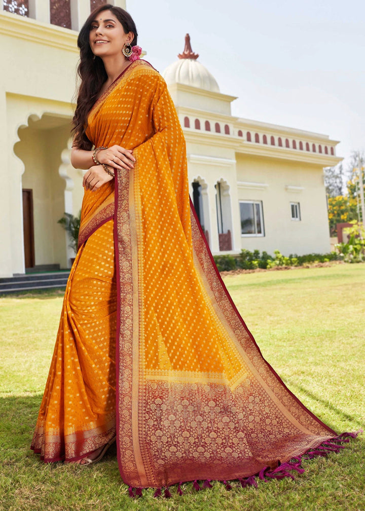 Mustard Yellow Georgette Silk Saree with Ornate Zari Border & Pallu - House of Sarvati LLC