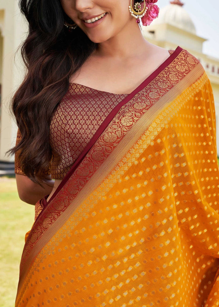 Mustard Yellow Georgette Silk Saree with Ornate Zari Border & Pallu - House of Sarvati LLC