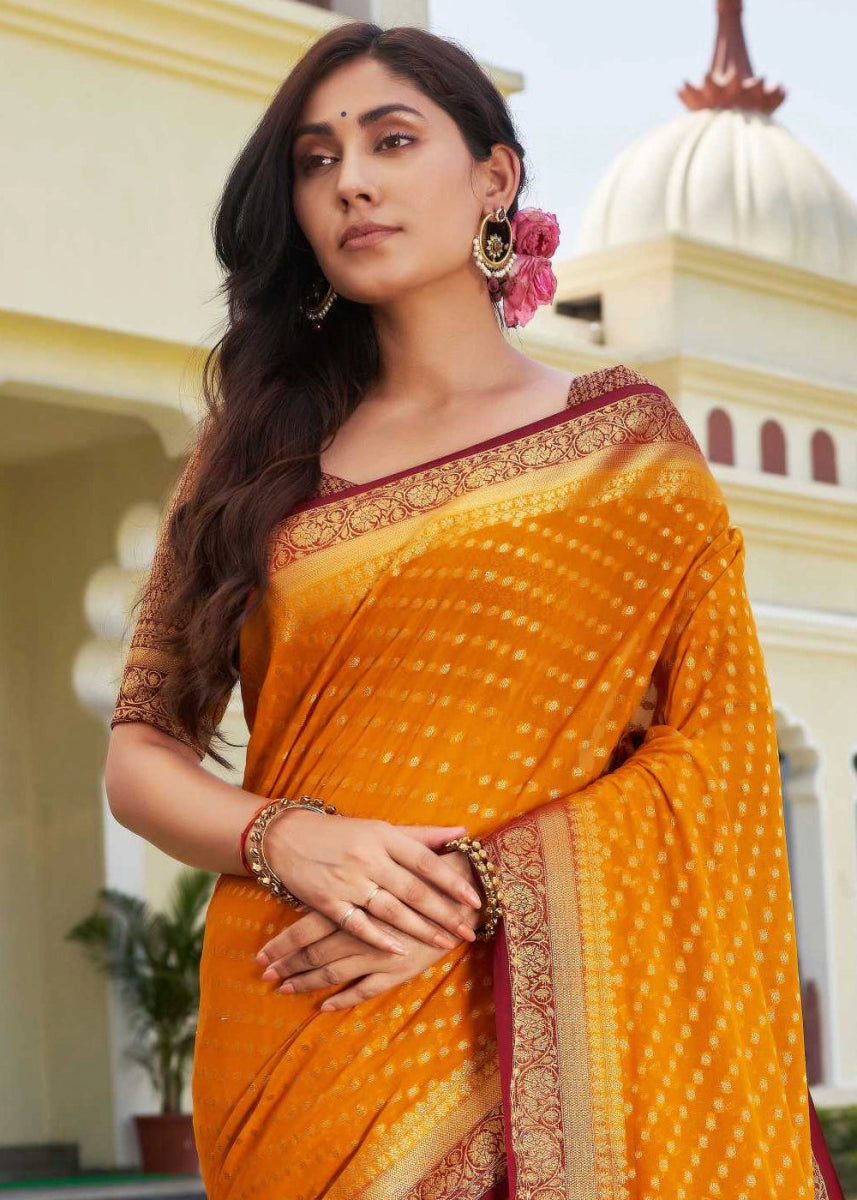 Mustard Yellow Georgette Silk Saree with Ornate Zari Border & Pallu - House of Sarvati LLC