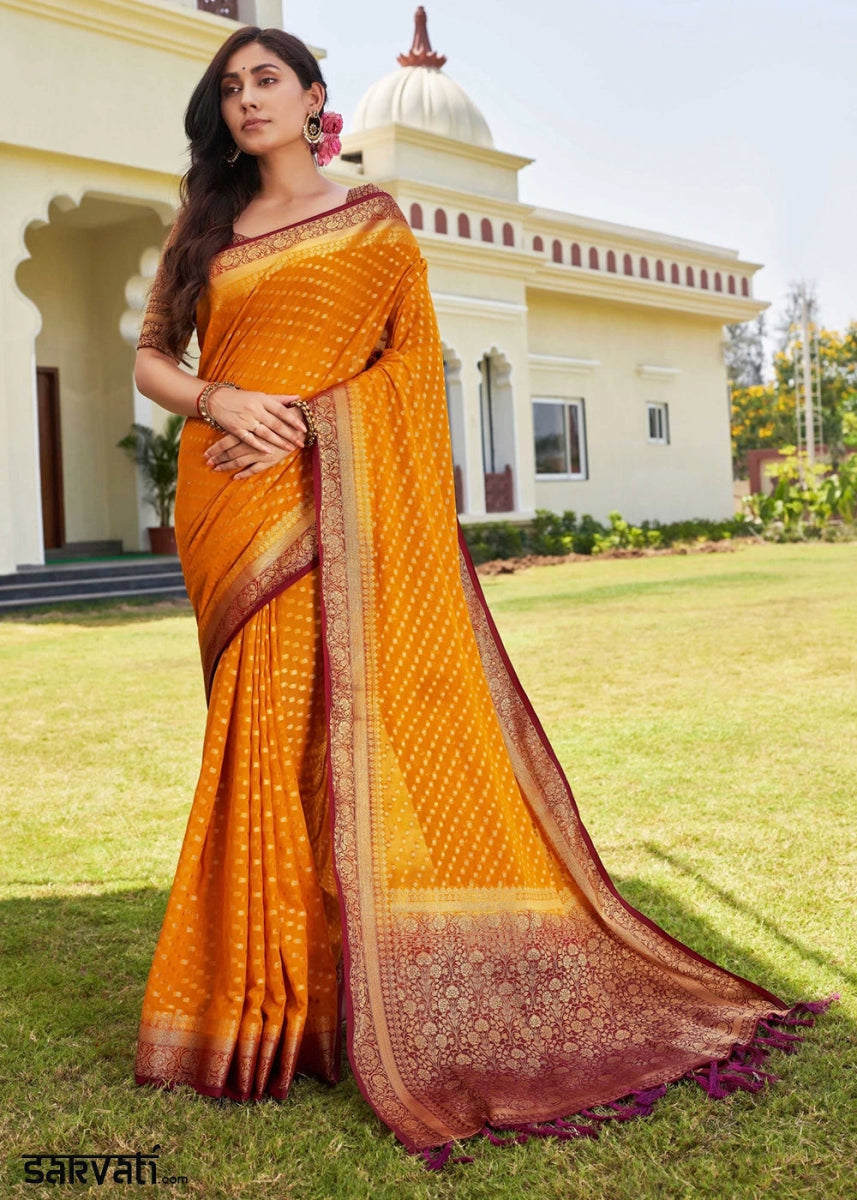 Mustard Yellow Georgette Silk Saree with Ornate Zari Border & Pallu - House of Sarvati LLC