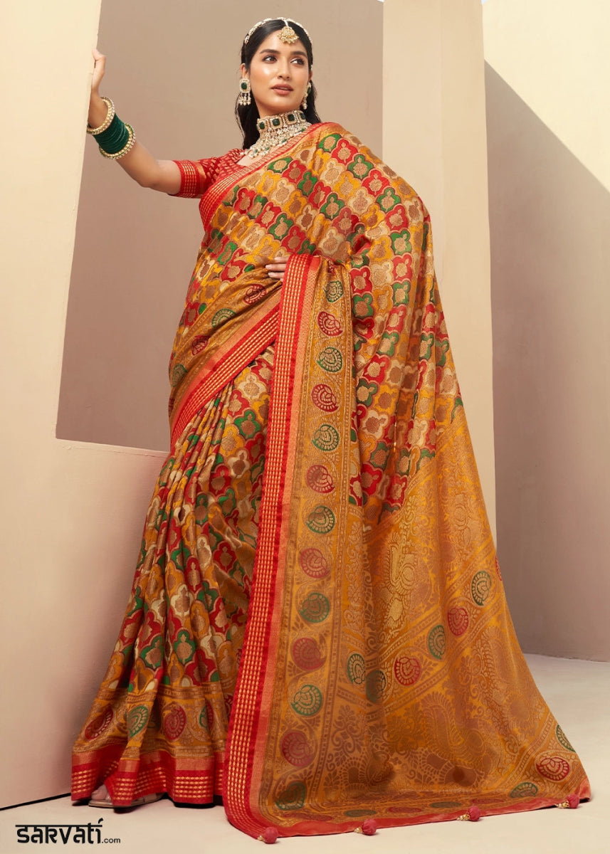 Mustard Yellow Handwoven Zari Georgette Silk Saree - House of Sarvati LLC