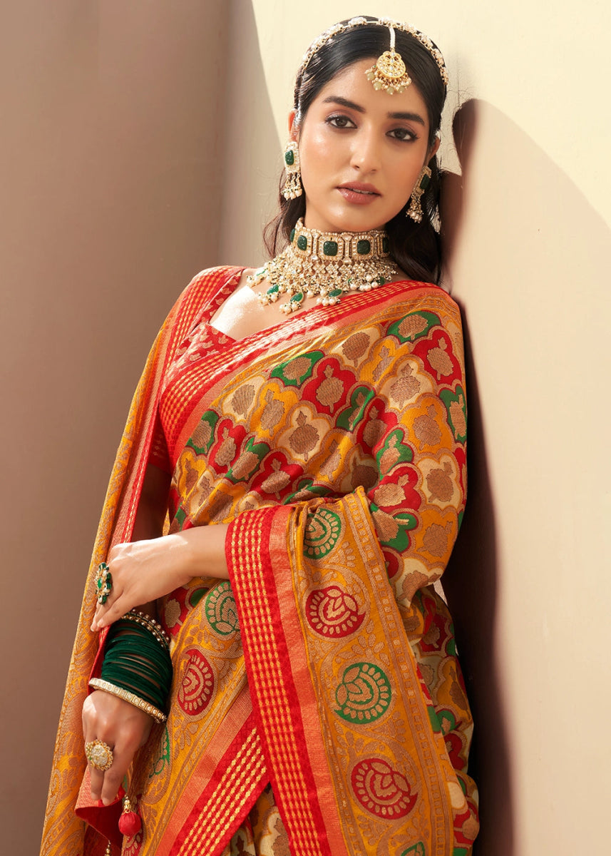 Mustard Yellow Handwoven Zari Georgette Silk Saree - House of Sarvati LLC